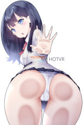 Rule 34 | 1girl, against glass, artist name, ass, ass on glass, ass press, bent over, black hair, blue eyes, bow, bowtie, cameltoe, cardigan, clothes lift, collared shirt, commentary, english commentary, female focus, from behind, gridman universe, hot vr, legs apart, long hair, looking at viewer, looking back, miniskirt, open mouth, outstretched arm, panties, patreon username, pixiv username, pleated skirt, red bow, red bowtie, school uniform, shirt, simple background, skirt, skirt lift, solo, ssss.gridman, standing, takarada rikka, tareme, thighs, underwear, upper body, white background, white cardigan, white panties, white shirt