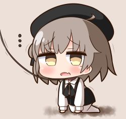 Rule 34 | ..., 1girl, ahoge, all fours, beret, black bow, black hat, black ribbon, black skirt, blush, bow, brown background, brown collar, brown eyes, brown hair, collar, collared shirt, commentary request, fang, hair ribbon, hana kazari, hat, hatoba tsugu, leash, long sleeves, looking at viewer, mole, mole under eye, no shoes, open mouth, pantyhose, pleated skirt, ribbon, shirt, skirt, solo, suspender skirt, suspenders, virtual youtuber, white pantyhose, white shirt
