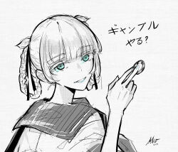 Rule 34 | 1girl, aqua eyes, blue eyes, from behind, greyscale, highres, kakegurui, looking at viewer, looking back, m10cmdesu, momobami kirari, monochrome, open mouth, poker chip, school uniform, simple background, sketch, smile, solo, twintails, white background