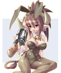 Rule 34 | 1girl, :&lt;, animal ears, bell, breasts, brown eyes, brown hair, cleavage, cow ears, cow girl, d:, earrings, fake animal ears, gun, handgun, horns, jewelry, jitome, katahira masashi, large breasts, leotard, open mouth, original, pantyhose, playboy bunny, pointy ears, rabbit ears, revolver, sitting, solo, tail, weapon, wrist cuffs