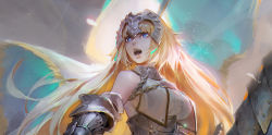 Rule 34 | 1girl, armor, bare shoulders, blonde hair, blue eyes, breasts, cape, chain, corset, dress, fate/grand order, fate (series), gauntlets, jeanne d&#039;arc (fate), jeanne d&#039;arc (ruler) (fate), jeanne d&#039;arc (third ascension) (fate), large breasts, long hair, looking afar, open mouth, plate armor, ribbed dress, solo, upper body