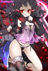 Rule 34 | 10s, 1girl, abyssal ship, babydoll, black bra, black hair, black panties, black thighhighs, bonnet, bow, bra, breasts, cleavage, colored skin, finger to mouth, front-tie top, glowing, glowing eyes, gothic lolita, groin, isolated island oni, kantai collection, kneeling, lingerie, lolita fashion, long hair, micro bra, navel, nightgown, panties, pantyshot, petals, red eyes, side-tie panties, single thighhigh, small breasts, smile, solo, thighhighs, togata, tongue, tongue out, twitter username, underboob, underwear, very long hair, white skin