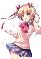 Rule 34 | 1girl, :d, blonde hair, blue skirt, bow, brown sweater, collared shirt, commentary request, cowboy shot, green eyes, hair between eyes, hair bow, hair ornament, highres, kamikita komari, little busters!, open mouth, plaid, plaid skirt, pleated skirt, red bow, ringo sui, school uniform, shirt, simple background, skirt, smile, solo, star (symbol), star hair ornament, sweater, two side up, white background, white shirt