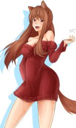 Rule 34 | 1girl, alternate breast size, animal ears, bad hands, bare shoulders, blush, breasts, brown hair, cleavage, dress, fang, highres, holo, long hair, open mouth, pltrgst, red eyes, sketch, smile, solo, spice and wolf, sweater, sweater dress, tail, wolf ears, wolf tail