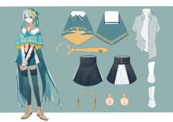 Rule 34 | 1girl, absurdres, aqua background, aqua capelet, aqua eyes, aqua hair, argyle, arm warmers, black skirt, black thighhighs, boots, character sheet, chinese commentary, collared capelet, commentary request, full body, grey shirt, hands on lap, hatsune miku, headphones, highres, key asan, looking at viewer, miniskirt, necktie, own hands together, shirt, skirt, smile, solo, standing, thighhighs, vocaloid, yellow necktie, zettai ryouiki