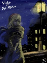 Rule 34 | 1girl, alice margatroid, blonde hair, blue dress, building, capelet, dress, female focus, frills, from behind, lamp, lamppost, lantern, looking at viewer, looking back, night, night sky, outdoors, pe-tan, short hair, sky, snow, solo, star (sky), starry sky, text focus, touhou, upper body