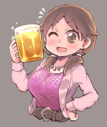 Rule 34 | 1girl, alcohol, beer, beer mug, belt, blush, breasts, brown belt, cropped torso, cup, earrings, es (eisis), grey background, highres, holding, holding cup, idolmaster, idolmaster cinderella girls, jacket, jewelry, katagiri sanae, large breasts, long sleeves, looking at viewer, low twintails, mug, necklace, one eye closed, open clothes, open jacket, open mouth, pink jacket, simple background, solo, sparkle, twintails, upper body