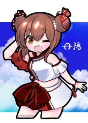 Rule 34 | 1girl, blue sky, brown eyes, brown hair, cloud, cowboy shot, double bun, fuyuse takumi, hair bun, kantai collection, miniskirt, off shoulder, official alternate costume, one eye closed, open mouth, skirt, sky, smile, solo, swimsuit, tan yang (kancolle), teeth, upper teeth only, yukikaze (kancolle)