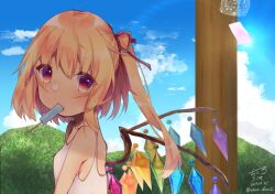 Rule 34 | 1girl, bare shoulders, blonde hair, blue sky, breasts, chisiro unya (unya draw), crystal, day, flandre scarlet, food in mouth, from side, hair between eyes, hair ribbon, holding, looking at viewer, looking to the side, medium hair, mouth hold, multicolored wings, no headwear, one side up, open mouth, outdoors, popsicle, popsicle in mouth, red eyes, red ribbon, ribbon, sky, small breasts, solo, touhou, wings