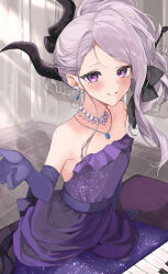 Rule 34 | 1girl, absurdres, black horns, blue archive, blush, collarbone, demon horns, dress, elbow gloves, gloves, grey hair, hasetsu (hasss0113), highres, hina (blue archive), hina (dress) (blue archive), horns, jewelry, long hair, looking at viewer, necklace, official alternate costume, official alternate hairstyle, open mouth, pendant, piano keys, purple dress, purple eyes, purple gloves, smile, solo, strapless, strapless dress