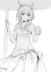 Rule 34 | 1girl, absurdres, animal ears, bare arms, bare shoulders, beach umbrella, bikini, blush, braid, commentary request, crown braid, cup, drinking glass, greyscale, groin, hands up, highres, holding, holding cup, horse ears, long hair, looking at viewer, monochrome, mukouhara shiryuu, navel, parted lips, silence suzuka (emerald on the waves) (umamusume), silence suzuka (umamusume), simple background, smile, solo, swimsuit, umamusume, umbrella, white background