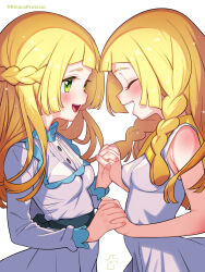 Rule 34 | 2girls, :d, blonde hair, blush, braid, breasts, buttons, closed eyes, commentary request, creatures (company), dress, fingernails, from side, game freak, green eyes, highres, holding hands, kinocopro, lillie (nihilego), lillie (pokemon), long hair, long sleeves, looking at another, medium breasts, multiple girls, nintendo, open mouth, pokemon, pokemon (anime), pokemon journeys, pokemon swsh111, sleeveless, sleeveless dress, smile, teeth, tongue, twitter username, upper teeth only, watermark, white background