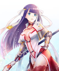 Rule 34 | 1girl, bad id, bad pixiv id, blue eyes, blunt bangs, breasts, capelet, cleavage, commentary request, cross, fate/grand order, fate (series), gauntlets, hair ribbon, hand on own hip, koharu biyori (monadox), large breasts, long hair, looking at viewer, martha (fate), navel, purple hair, red thighhighs, ribbon, solo, staff, thighhighs