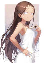 Rule 34 | 1girl, absurdres, brown eyes, brown hair, character request, closed mouth, collarbone, copyright request, dress, freckles, from side, hand on own hip, highres, long hair, looking at viewer, momihige, smile, solo, upper body, white dress