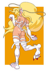 Rule 34 | 1girl, alternate color, animal ears, animal hands, ass, big hair, blonde hair, blue eyes, capcom, cat ears, cat girl, cat tail, claws, felicia (vampire), female focus, from behind, full body, fur, muscular, muscular female, orange background, simple background, solo, standing, tail, thighs, vampire (game), yamamiya hiroshi, yellow background