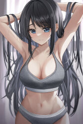 Rule 34 | 1girl, armpits, bare arms, black hair, blue eyes, blurry, blush, breasts, cleavage, closed mouth, collarbone, commentary request, curtains, grey panties, grey sports bra, hand in own hair, highres, indoors, large breasts, long hair, looking at viewer, navel, original, panties, presenting armpit, sidelocks, sports bra, standing, ttusee5, underwear, underwear only, very long hair, window