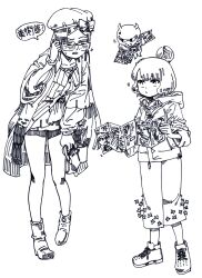 Rule 34 | absurdres, adjusting eyewear, bag, beret, blush, bow, commentary, creature, fate/grand order, fate (series), floating, full body, glasses, greyscale, hair bun, half-closed eyes, handbag, hat, hat bow, height difference, highres, holding, holding bag, holding map, hood, hood down, hooded jacket, jacket, katsushika hokusai (fate), katsushika hokusai (traveling outfit) (fate), leaning forward, long hair, long skirt, long sleeves, looking at another, looking at object, map, miniskirt, monochrome, mushroom (osh320), nodding, octopus, open clothes, open jacket, osakabehime (fate), osakabehime (traveling outfit) (fate), pamphlet, raised eyebrow, ribbed shirt, shirt, shoes, short eyebrows, short hair, simple background, single hair bun, skirt, sneakers, speech bubble, standing, standing on one leg, sweatdrop, swept bangs, symbol-only commentary, translation request