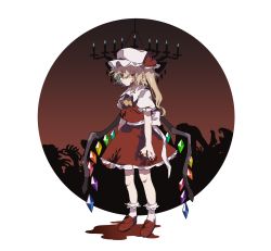 Rule 34 | 1girl, absurdres, ascot, back bow, blonde hair, blood, blood on clothes, blood on face, blood on hands, bobby socks, bow, closed mouth, commentary request, crystal, expressionless, flandre scarlet, frilled shirt, frilled shirt collar, frilled skirt, frilled sleeves, frills, full body, hair between eyes, hat, hat ribbon, highres, looking at viewer, medium hair, mob cap, one side up, puffy short sleeves, puffy sleeves, red bow, red eyes, red footwear, red ribbon, red skirt, red vest, ribbon, shirt, shoes, short sleeves, skirt, socks, solo, tabun (osoracu), touhou, vest, white background, white bow, white shirt, white socks, wings, yellow ascot