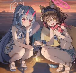 Rule 34 | 2girls, absurdres, animal ears, beach, bikini, blue archive, breasts, brown hair, chise (blue archive), chise (swimsuit) (blue archive), cleavage, flat chest, fox ears, fox girl, fox tail, highres, horns, izuna (blue archive), izuna (swimsuit) (blue archive), knees up, multiple girls, ningen mame, oni girl, oni horns, open mouth, pink eyes, small breasts, smile, squatting, striped bikini, striped clothes, swimsuit, tail, yellow eyes
