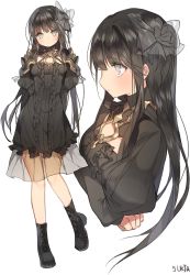 Rule 34 | 1girl, bad id, bad pixiv id, black hair, blush, boots, bow, center frills, character sheet, dress, frilled dress, frills, from side, full body, grey eyes, hair bow, long hair, long sleeves, looking afar, original, profile, puffy long sleeves, puffy sleeves, see-through, simple background, standing, sukja, transparent bow, upper body, white background