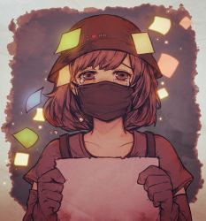 Rule 34 | 1girl, brown eyes, brown hair, commentary request, crying, crying with eyes open, detached sleeves, gloves, guma.illustration, hat, highres, hong kong, looking at viewer, mask, mouth mask, original, sad, shirt, short hair, sign, solo, sticky note, surgical mask, t-shirt, tears, upper body