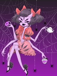 Rule 34 | 1girl, bug, extra arms, extra eyes, fangs, female focus, full body, high heels, highres, arthropod girl, muffet, ribbon, skirt, solo, spider, spider girl, tea, teapot, twintails, undertale