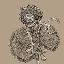 Rule 34 | 1girl, animal ears, blue eyes, bracelet, breasts, cat ears, cat tail, claws, cleavage, digitigrade, dress, female focus, furry, furry female, highres, jewelry, medium hair, messy hair, momochichi77, monochrome, original, solo, spot color, tail