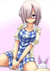 Rule 34 | 1girl, between legs, black-framed eyewear, blush, breasts, checkered clothes, checkered dress, dress, fate/grand order, fate (series), fou (fate), glasses, hair over one eye, hand between legs, highres, imagawa akira, large breasts, looking at viewer, mash kyrielight, mash kyrielight (senpai killer outfit), official alternate costume, pink background, purple eyes, purple hair, short hair, simple background, solo