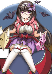 Rule 34 | 1girl, bat (animal), black hair, breasts, brown hair, commentary request, fate/grand order, fate (series), fox, glasses, gradient hair, hairband, hikikomori, large breasts, long hair, looking at viewer, low twintails, multicolored hair, natsuzakura yuuki, origami, osakabehime (fate), purple eyes, smile, solo, twintails, very long hair, white legwear