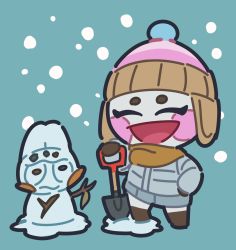 Rule 34 | 1boy, animal crossing, closed eyes, genji (animal crossing), highres, kopa nishikida, nintendo, scarf, shovel, smile, snow, snow cap, snowman, standing, aqua background