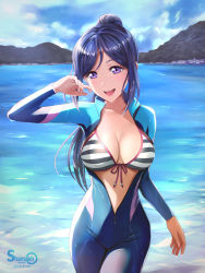 Rule 34 | 10s, 1girl, 2017, :d, arm at side, arm up, artist name, bikini, bikini top only, blue bodysuit, blue sky, blush, bodysuit, breasts, cleavage, cloud, collarbone, cowboy shot, dated, day, diving suit, front-tie bikini top, front-tie top, highres, long hair, looking at viewer, love live!, love live! school idol festival, love live! sunshine!!, matsuura kanan, medium breasts, mountain, ocean, open bodysuit, open clothes, open mouth, outdoors, purple hair, purple ribbon, ribbon, round teeth, shamakho, shiny skin, shore, sky, smile, solo, striped bikini, striped clothes, swimsuit, tareme, teeth, unzipped, water, wet, wet hair, wetsuit, zipper