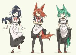 Rule 34 | 3girls, :&lt;, :d, animal ears, apron, black dress, black hair, black legwear, blue eyes, breasts, brown footwear, brown hair, closed mouth, commentary, crossed arms, detached collar, dress, english commentary, eyes visible through hair, floating hair, fox ears, fox tail, green eyes, green hair, grey background, high heels, loafers, long hair, looking at viewer, maid, maid apron, medium breasts, multiple girls, neck ribbon, open mouth, orange hair, original, pantyhose, parted lips, pas (paxiti), puffy short sleeves, puffy sleeves, red footwear, red ribbon, ribbon, shoes, short sleeves, simple background, skirt hold, slit pupils, small breasts, smile, standing, standing on one leg, tail, thighhighs, two side up, white apron, white legwear, wing collar, yellow eyes