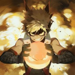 Rule 34 | 10s, 1boy, a-shacho, bakugou katsuki, black gloves, blonde hair, boku no hero academia, brown eyes, creatures (company), explosion, game freak, gen 1 pokemon, gloves, grin, holding, looking at viewer, male focus, mask, nintendo, pokemon, pokemon (creature), smile, spiked hair, trait connection, upper body, voltorb