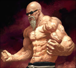 Rule 34 | 1boy, bald, beard, clenched hands, clenched teeth, dragon ball, dragonball z, facial hair, itou satoshi, male focus, manly, muscular, muten roushi, old, old man, realistic, topless male, solo, sunglasses, teeth, veins