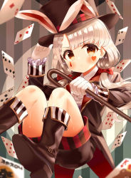 Rule 34 | 1girl, absurdres, ace (playing card), ace of diamonds, animal ears, arm up, black footwear, black hat, black jacket, black shorts, blush, boots, bow, braid, braided bangs, brown eyes, cane, card, closed mouth, club (shape), collared shirt, commentary request, diamond (shape), dress shirt, fake animal ears, gloves, grey hair, hair bow, hair over shoulder, hand on headwear, hat, heart, highres, hisakawa nagi, idolmaster, idolmaster cinderella girls, jacket, joker (playing card), king (playing card), king of hearts (playing card), knees up, long hair, long sleeves, looking at viewer, low twintails, open clothes, open jacket, playing card, rabbit ears, red bow, shirt, short shorts, shorts, solo, spade (shape), striped, striped background, top hat, twintails, vertical stripes, very long hair, white gloves, white shirt, yata (yatao zzz)