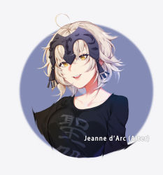 Rule 34 | 1girl, :d, absurdres, ahoge, black shirt, character name, collarbone, fate/grand order, fate (series), grey background, highres, jeanne d&#039;arc (fate), jeanne d&#039;arc alter (avenger) (fate), jeanne d&#039;arc alter (fate), looking at viewer, open mouth, shirt, short hair, silver hair, simple background, smile, solo, upper body, yellow eyes, yurix