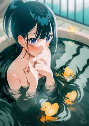 Rule 34 | 1girl, bird, black hair, blue eyes, blunt bangs, blurry, blurry background, blush, covering privates, covering breasts, duck, dutch angle, flat chest, from above, frown, looking ahead, medium hair, nude, onsen, open mouth, original, outdoors, partially submerged, ponytail, railing, rubber duck, signature, solo, steam, tsukana (saba mizore), water drop, watermark, wet, wet hair