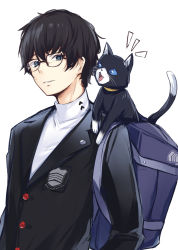 Rule 34 | 2boys, amamiya ren, animal ear fluff, backpack, bag, black-framed eyewear, black cat, black hair, black jacket, blazer, blue eyes, blue sclera, borushichi, cat, colored sclera, commentary request, glasses, grin, highres, jacket, long sleeves, looking at another, male focus, morgana (persona 5), multiple boys, open mouth, parted lips, persona, persona 5, revision, shirt, simple background, smile, tail, upper body, white background, white shirt