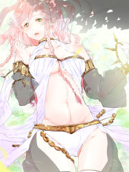 Rule 34 | 1girl, bracelet, braid, breasts, cleavage, fire emblem, fire emblem awakening, green eyes, hairband, highres, jewelry, long hair, looking at viewer, lots of jewelry, lying, midriff, navel, nintendo, olivia (fire emblem), on back, pink hair, sash, solo, stomach, syu sui, twin braids, underboob