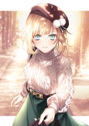 Rule 34 | 1girl, absurdres, aran sweater, beret, black headwear, blonde hair, blurry, blurry background, blush, breasts, cable knit, cerse (shuuen no virche), day, green eyes, haro mkka, hat, hat ornament, highres, letterboxed, looking at viewer, outdoors, outside border, path, pov, road, short hair, shuuen no virche, sleeve pull, small breasts, sweater, tree, turtleneck, turtleneck sweater, white sweater