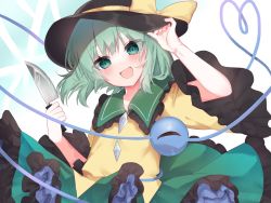 Rule 34 | 1girl, :d, arm up, black hat, blush, bow, buttons, commentary request, diamond button, feet out of frame, fingernails, flat chest, green eyes, hair between eyes, hat, hat bow, hat ribbon, heart, heart-shaped pupils, heart of string, highres, holding, holding knife, knife, komeiji koishi, looking at viewer, medium hair, open mouth, ribbon, rori82li, silver hair, smile, solo, symbol-shaped pupils, third eye, touhou, yellow bow, yellow ribbon