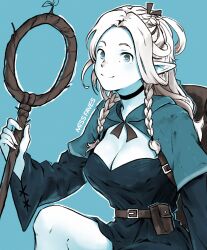 Rule 34 | 1girl, artist name, belt, belt pouch, blonde hair, blue background, breasts, cleavage, cleavage cutout, closed mouth, clothing cutout, commentary, dungeon meshi, highres, large breasts, marcille donato, miss faves, pointy ears, pouch, simple background, smile, solo, twitter username
