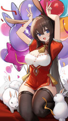 Rule 34 | 1girl, :d, absurdres, animal, arms up, balloon, black thighhighs, blue eyes, blush, breasts, brown hair, chinese zodiac, cleavage, cleavage cutout, clothing cutout, commentary request, confetti, dress, feet out of frame, hair between eyes, hair intakes, heart balloon, highres, komi (komiking), long hair, looking at viewer, medium breasts, open mouth, original, puffy short sleeves, puffy sleeves, rabbit, red dress, ribbon trim, short sleeves, simple background, sitting, smile, solo, star balloon, streamers, thighhighs, very long hair, white background, year of the rabbit