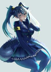 Rule 34 | 1girl, blue eyes, blue gloves, blue hair, blue jacket, blue pantyhose, blue shirt, blue skirt, breasts, dragon girl, dragon tail, frilled skirt, frills, gaga (gamerakero), gloves, grey background, hair ornament, highres, jacket, kemono friends, large breasts, long hair, medium breasts, necktie, pantyhose, seiryuu (kemono friends), shirt, simple background, skirt, solo, tail, twintails, white necktie