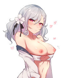 Rule 34 | 1girl, asymmetrical bangs, bare shoulders, black ribbon, blush, breasts, breasts out, cleavage, closed mouth, collarbone, embarrassed, flower, girls&#039; frontline, hair flower, hair ornament, hair ribbon, highres, jacket, large breasts, long hair, looking at viewer, meow nyang, nipples, off shoulder, official alternate costume, red eyes, ribbon, sidelocks, silver hair, simple background, smile, solo, spas-12 (girls&#039; frontline), spas-12 (midsummer fruit) (girls&#039; frontline), twintails, upper body, wavy mouth, white background