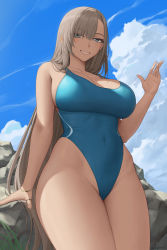 Rule 34 | 1girl, asuna (blue archive), bare shoulders, blue archive, blue eyes, blue one-piece swimsuit, blue sky, blush, bracelet, breasts, cleavage, collarbone, colored eyelashes, competition swimsuit, covered navel, day, grin, hair over one eye, highleg, highleg swimsuit, highres, jewelry, large breasts, light brown hair, long hair, looking at viewer, mole, mole on breast, one-piece swimsuit, outdoors, ring, rock, sky, smile, solo, swimsuit, thighs, very long hair, zaphn
