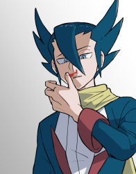 Rule 34 | 1boy, blood, blue eyes, blue hair, commentary request, creatures (company), elite four, fingernails, game freak, grey background, grimsley (pokemon), hair between eyes, hand up, highres, jacket, long sleeves, looking down, male focus, nintendo, nosebleed, pokemon, pokemon bw, scarf, shirt, short hair, spiked hair, upper body, usarinko, yellow scarf
