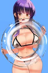 Rule 34 | 1girl, bikini, breasts, character request, cleavage, curvy, large breasts, legs, long hair, looking at viewer, navel, purple hair, smile, solo, swimsuit, thick thighs, thighs, thong bikini, tngkbmarlon, wide hips, yellow eyes