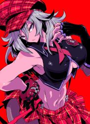 1girl alisa_ilinichina_amiella arm_warmers bare_shoulders black_gloves black_vest breasts cabbie_hat closed_mouth commission cowboy_shot cropped_vest elbow_gloves fingerless_gloves gloves god_eater god_eater_burst grey_hair hair_between_eyes hand_on_own_hip hat highres large_breasts long_hair looking_at_viewer navel nehitsuji_(syatihokoga) plaid_clothes plaid_skirt purple_eyes red_background red_hat red_skirt red_suspenders revealing_clothes sidelocks simple_background single_arm_warmer single_bracer single_elbow_glove skeb_commission skirt stomach suspender_skirt suspenders suspenders_slip vest