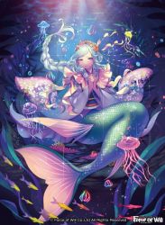 Rule 34 | 1girl, blue eyes, blue hair, braid, bubble, copyright name, coral, fish, force of will, hairband, japanese clothes, jellyfish, long hair, matsurika youko, mermaid, monster girl, official art, praying, seashell, shell, sitting, solo, underwater